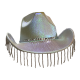 Adult White Sparkly Glitter Cowboy Hat With Rhinestone Fringe