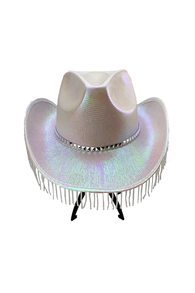 Adult White Sparkly Glitter Cowboy Hat With Rhinestone Fringe
