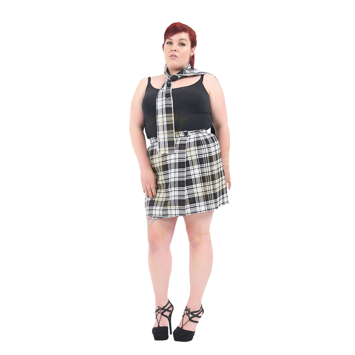 Plus Size 18 Inch Tartan Pleated Wrap Over Buttoned Skirt