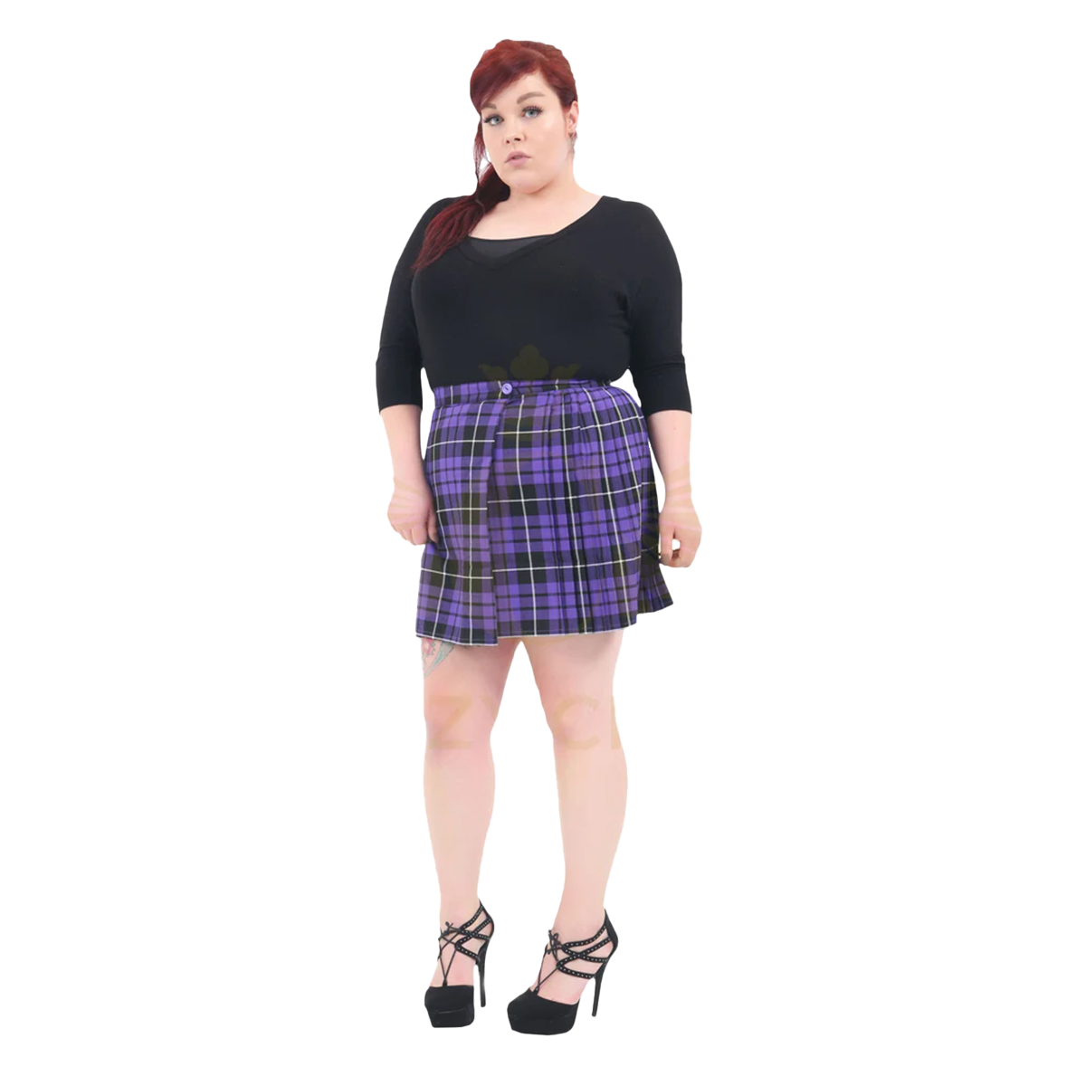 Plus Size 18 Inch Tartan Pleated Wrap Over Buttoned Skirt