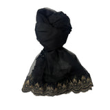 Muslim Women's Black Net Dupatta with Golden Embroidery and Lace Details