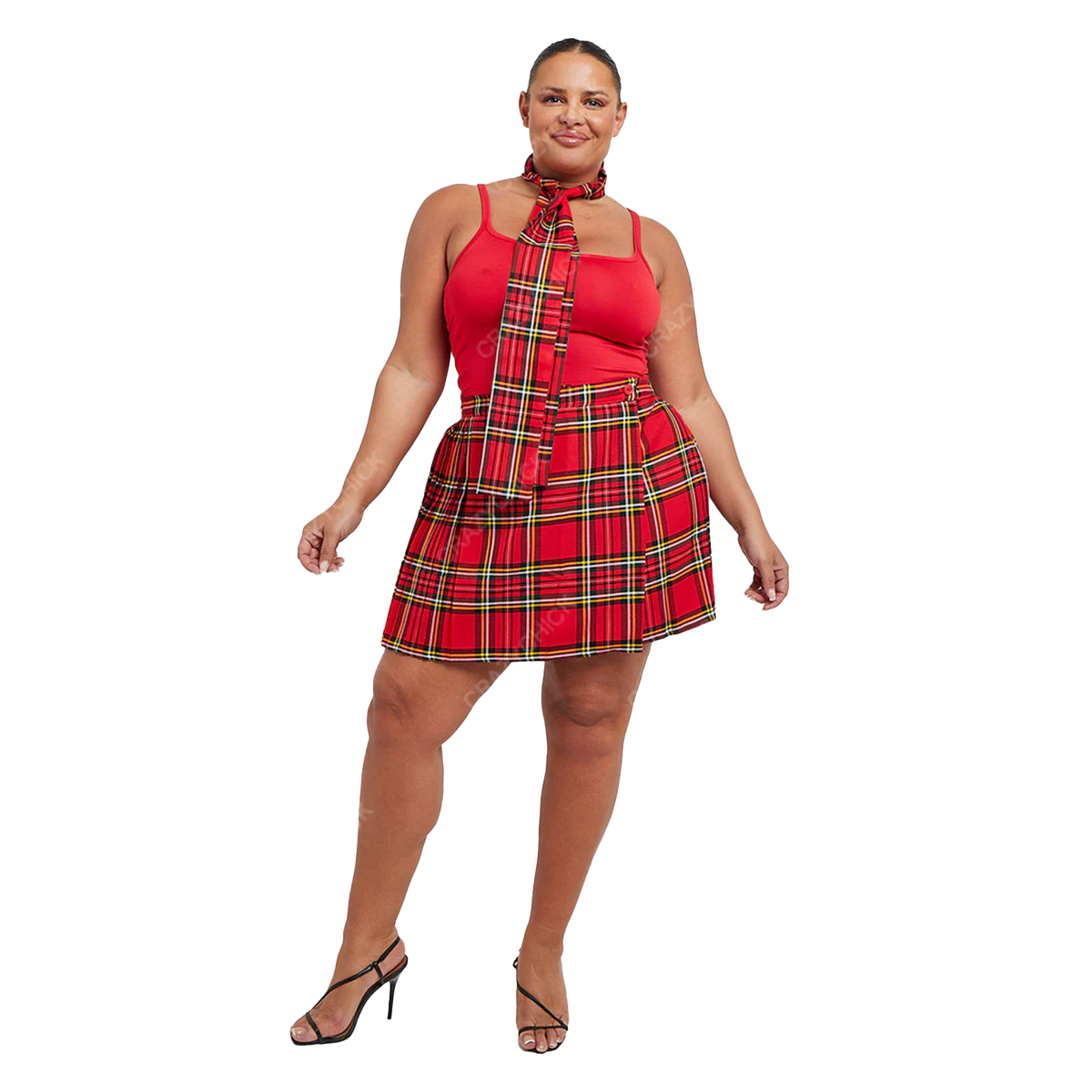 Plus Size 18 Inch Tartan Pleated Wrap Over Buttoned Skirt