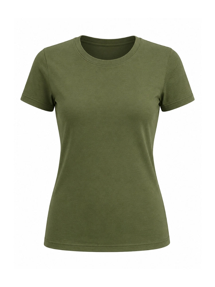 Ladies Crew Neck Short Sleeve Khaki Green Cotton T-Shirt