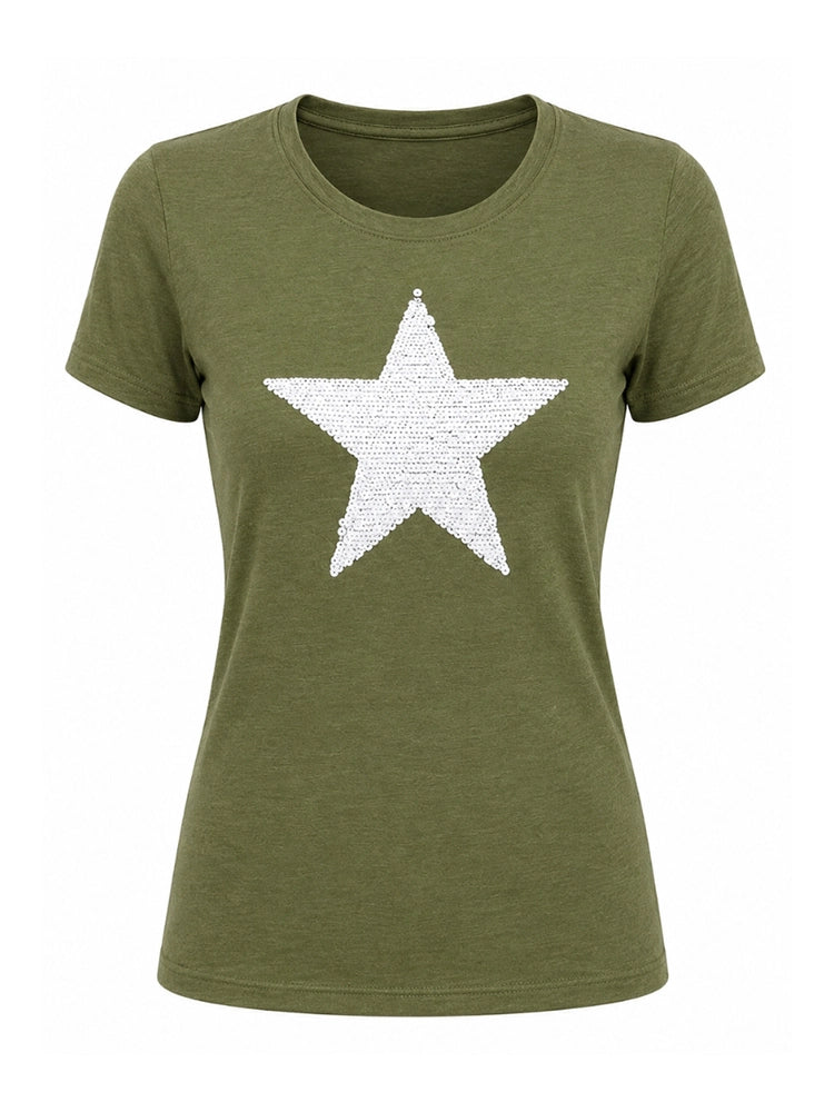 Ladies Short Sleeve Star Design T-Shirt Khaki
