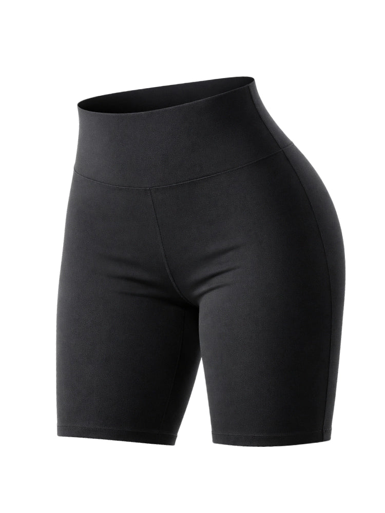 Black athletic shorts on a white background. Women's Anti Chaffing High Waist Cycling Shorts
