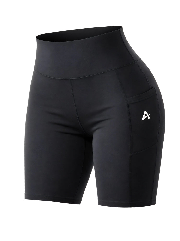 Black athletic shorts with a logo on a white background. Women's Anti Chaffing High Waist Cycling Shorts
