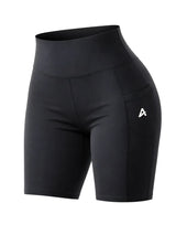 Black athletic shorts with a logo on a white background. Women's Anti Chaffing High Waist Cycling Shorts