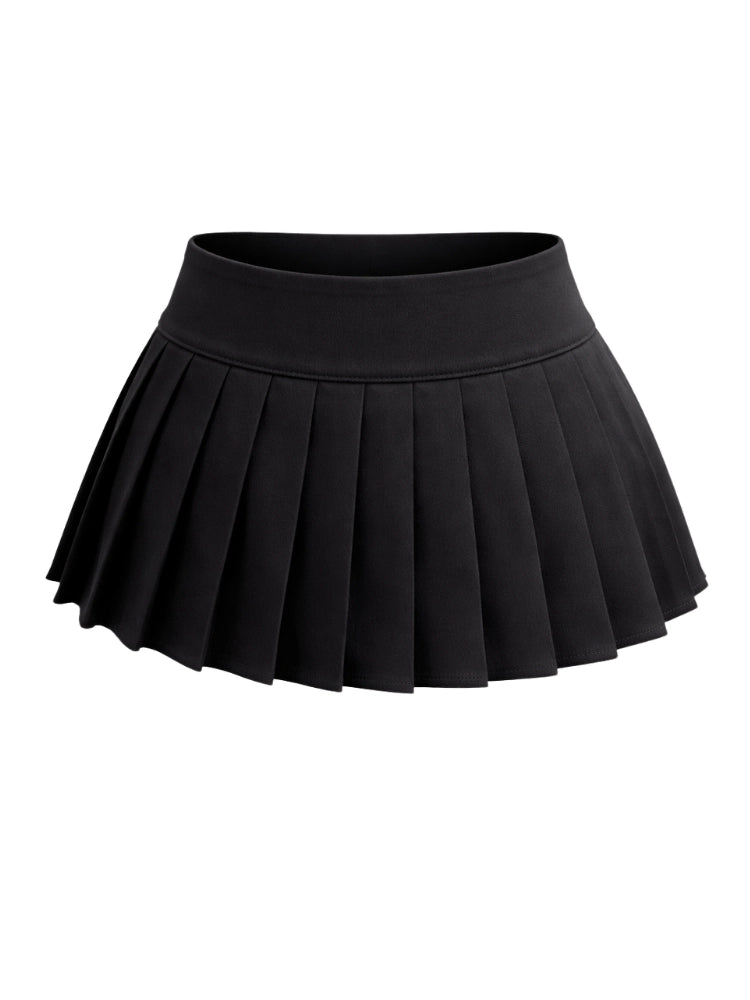 Black pleated skirt on a white background. Crazy Chick Ladies Plain Black Mini Pleated Skirt