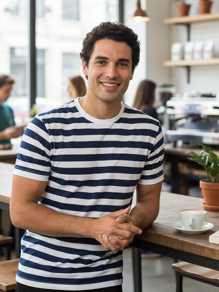 Adult Stripe Crew Neck Basic Short Sleeves Cotton T-Shirt