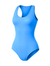 Blue one-piece swimsuit on a white background. Crazy Chick Ladies Microfibre Turquoise Sleeveless Leotard