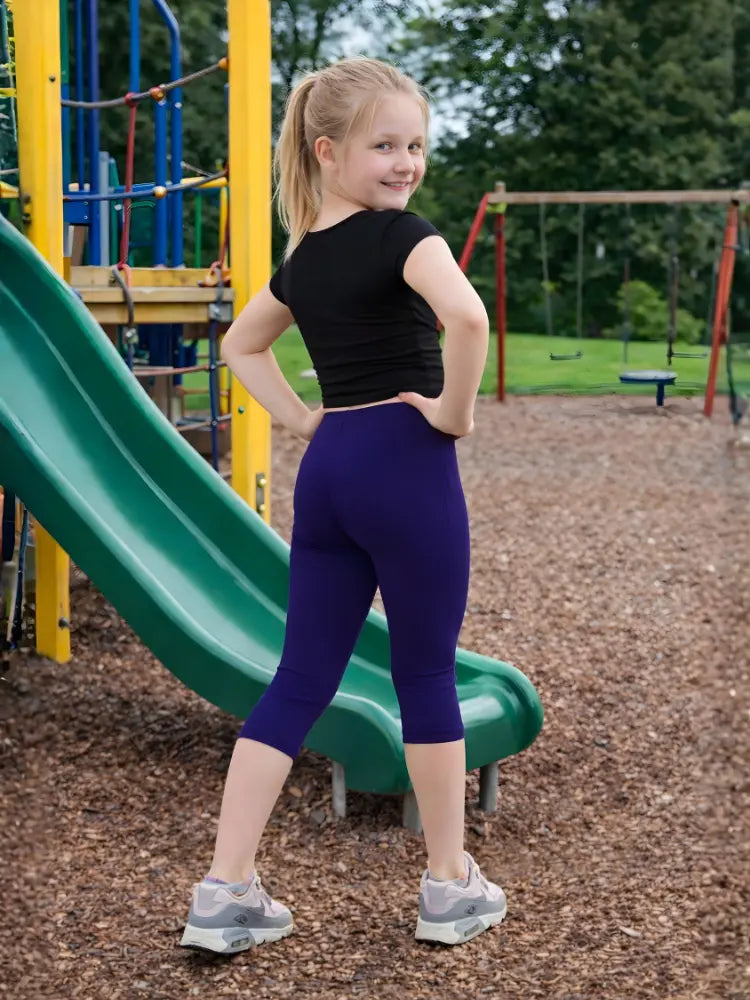 Girls 3/4 Length Cotton Navy Capri Stretchy Soft Leggings Tights