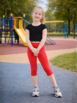 Girls 3/4 Length Cotton Red Capri Stretchy Soft Leggings Tights