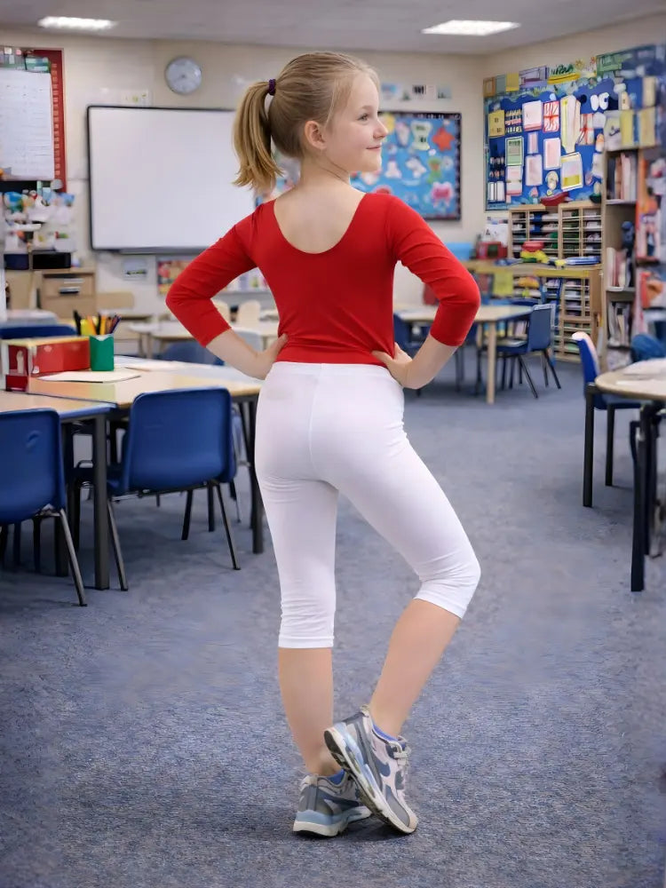 Girls 3/4 Length Cotton Capri Stretchy Soft White Leggings Tights