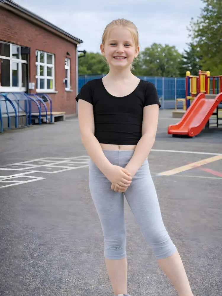 Girls 3/4 Length Cotton Light Grey Capri Stretchy Soft Leggings Tights