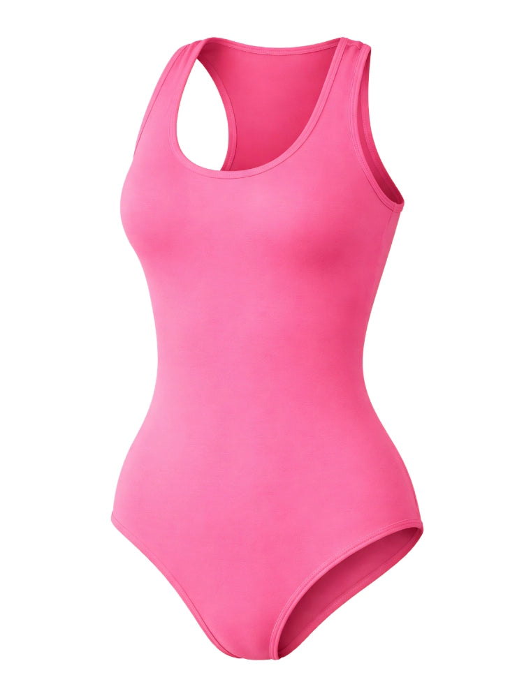 Pink one-piece swimsuit on a white background. Crazy Chick Microfibre Pink Sleeveless Leotard