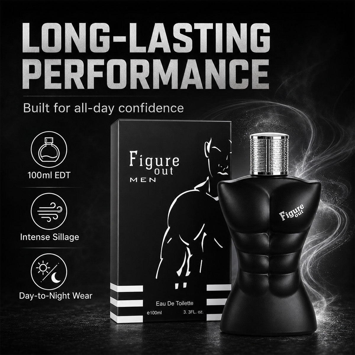 Saffron Figure Out Black men's 100ml Eau de Toilette spray with sleek black bottle and modern design.