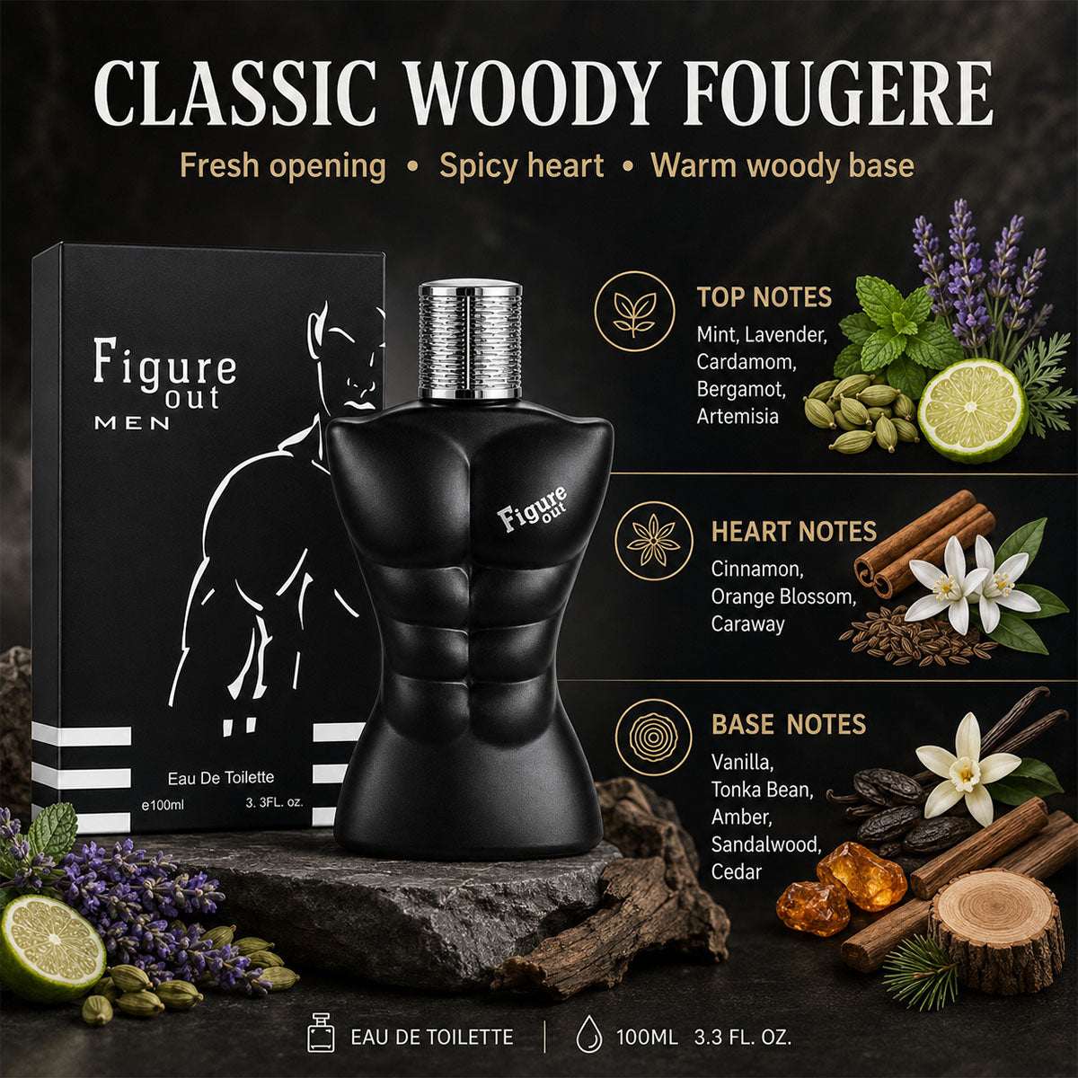 Saffron Figure Out Black men's Eau de Toilette spray 100ml bottle with sleek black packaging and fragrance label.