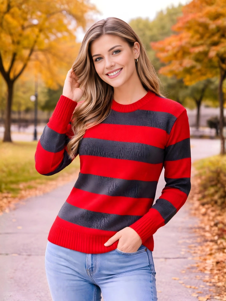 Wickedfun Ladies Red & Grey Stripe Knitted Jumper