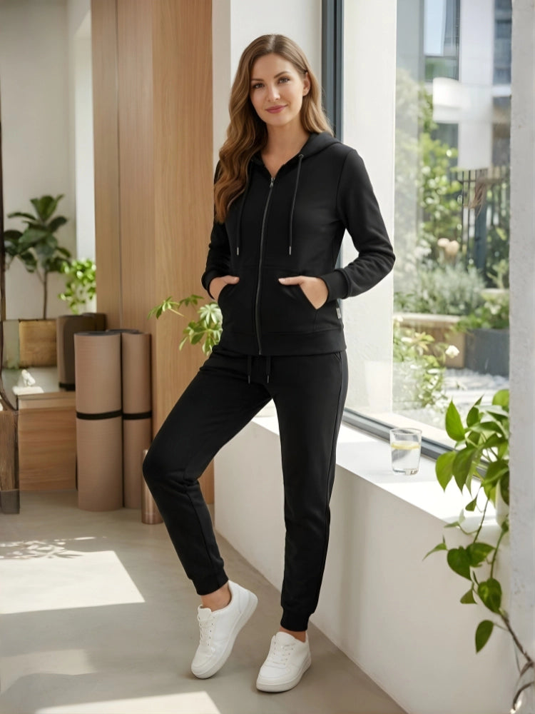 Active Star Ladies Black Zipper Hoodie & Jogger Set