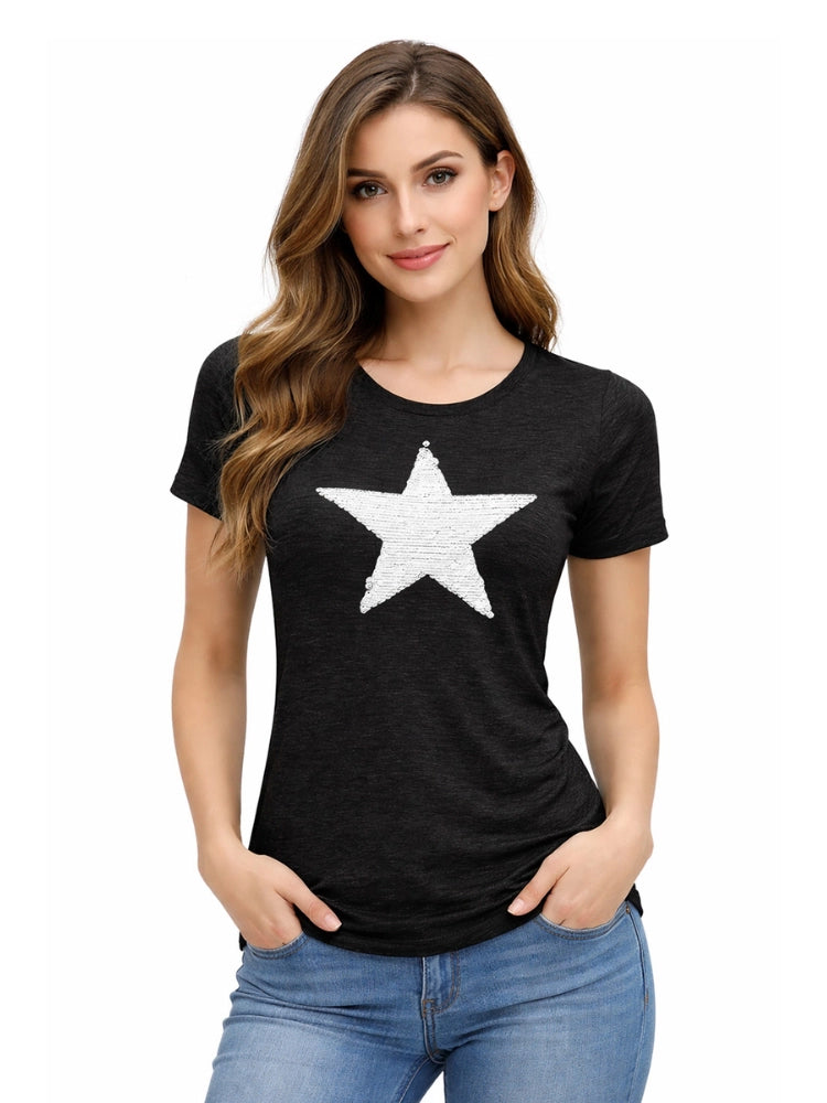 Ladies Short Sleeve Star Design T-Shirt Black