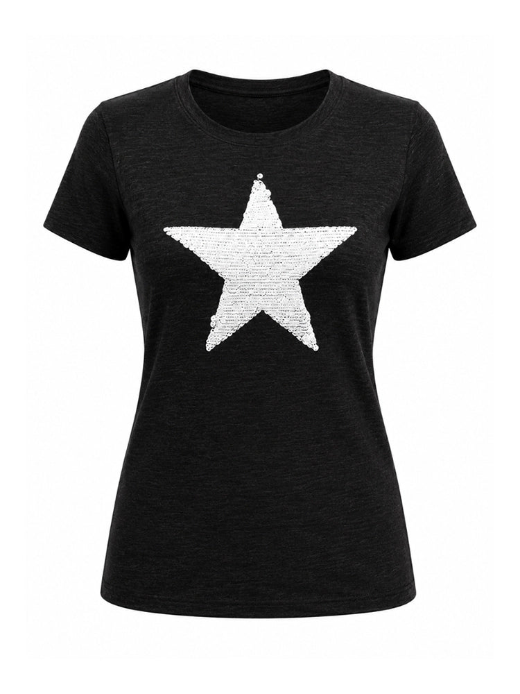 Ladies Short Sleeve Star Design T-Shirt Black