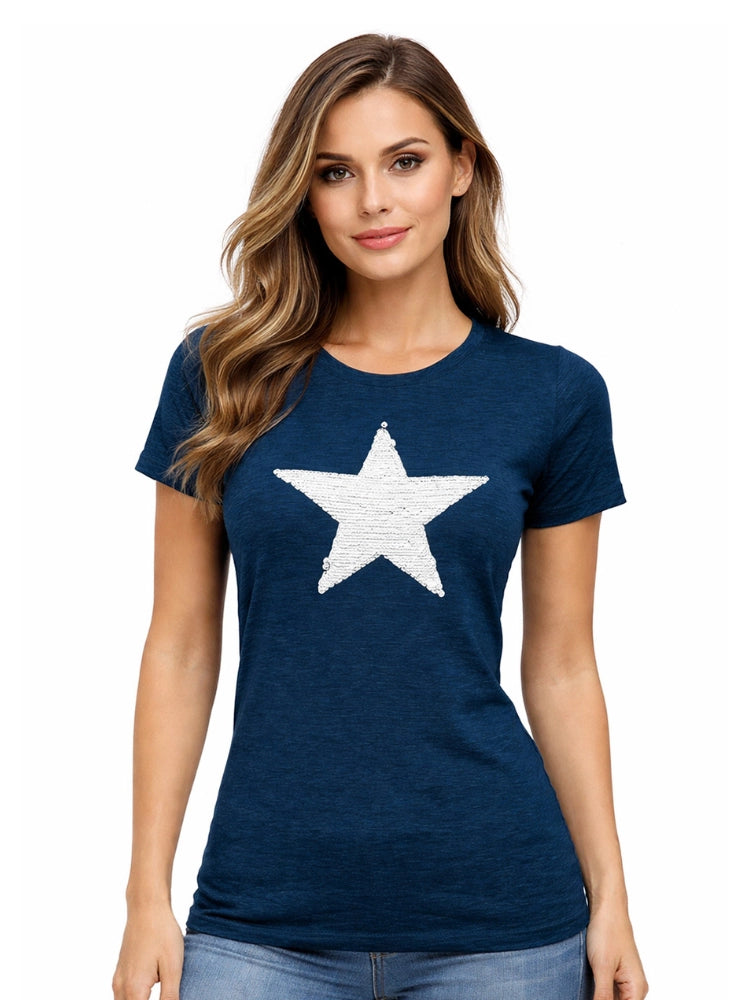 Ladies Short Sleeve Star Design T-Shirt Navy