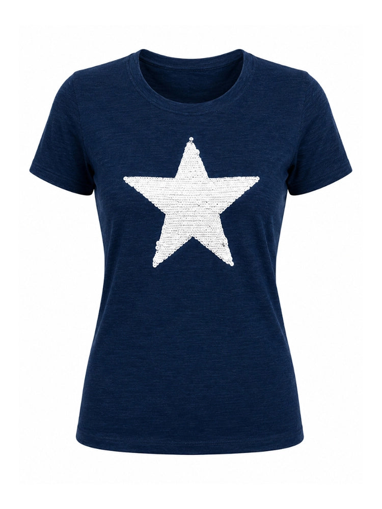 Ladies Short Sleeve Star Design T-Shirt Navy