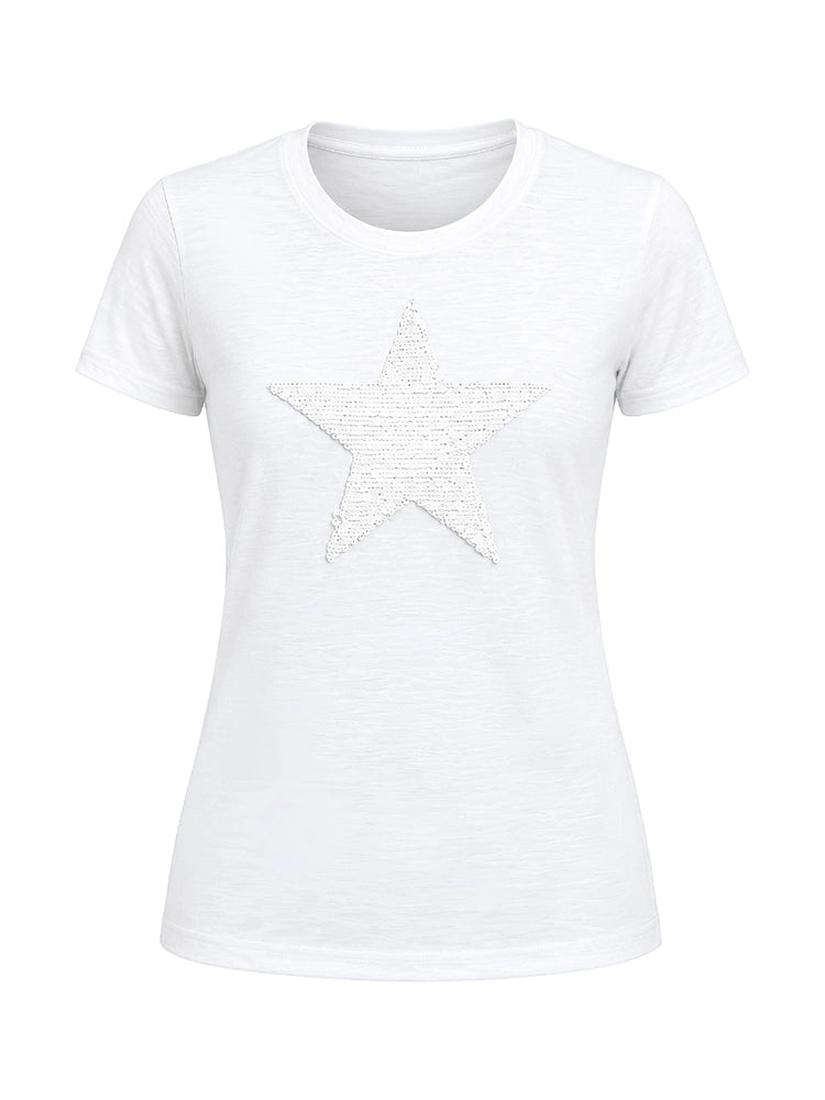 Ladies Short Sleeve Star Design T-Shirt White