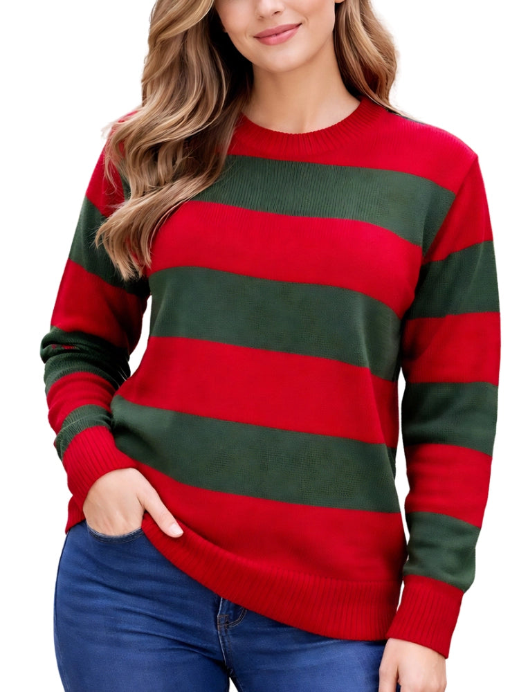 Person wearing a red and green striped sweater on a white background. Women’s Red & Green Stripe Knitted Jumper