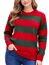 Person wearing a red and green striped sweater on a white background. Women’s Red & Green Stripe Knitted Jumper