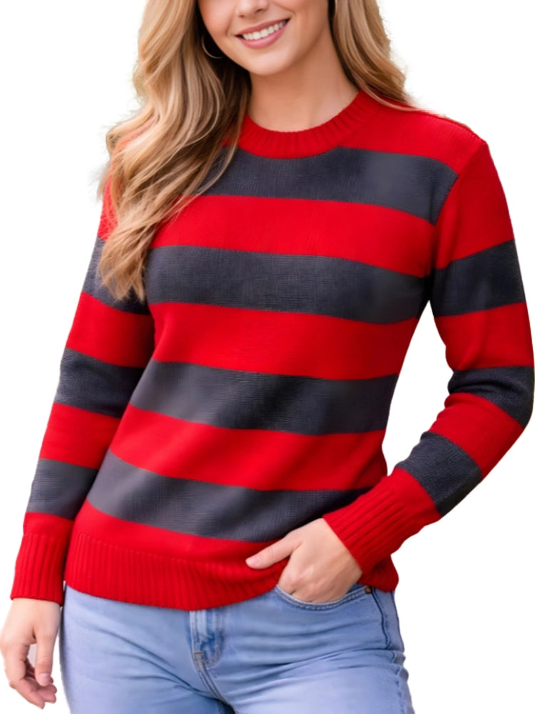 Person wearing a red and navy striped sweater on a white background. Wickedfun Ladies Red & Grey Stripe Knitted Jumper