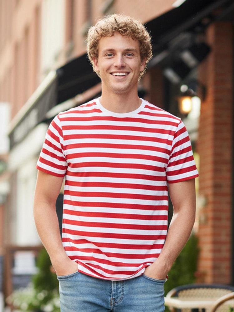 Adult Stripe Crew Neck Basic Short Sleeves Cotton T-Shirt