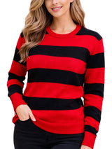 Red and black striped sweater worn by a person on a white background. Close-up of ladies red and black stripe knitted jumper casual outfit