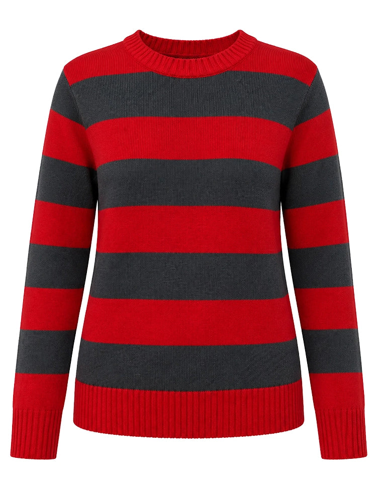 Red and gray striped sweater on a white background. Wickedfun Ladies Red & Grey Stripe Knitted Jumper