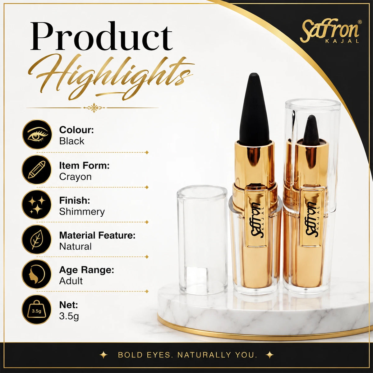 Saffron Black Bold Kajal Smudge-Proof Long-Lasting Eyeliner 1 Piece or Tray of 24