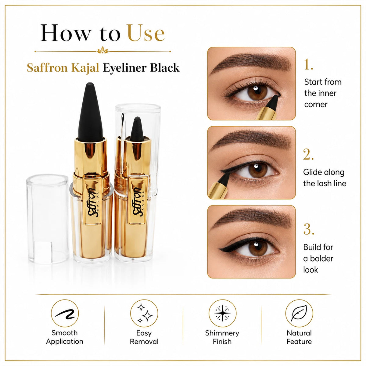 Saffron Black Bold Kajal Smudge-Proof Long-Lasting Eyeliner 1 Piece or Tray of 24