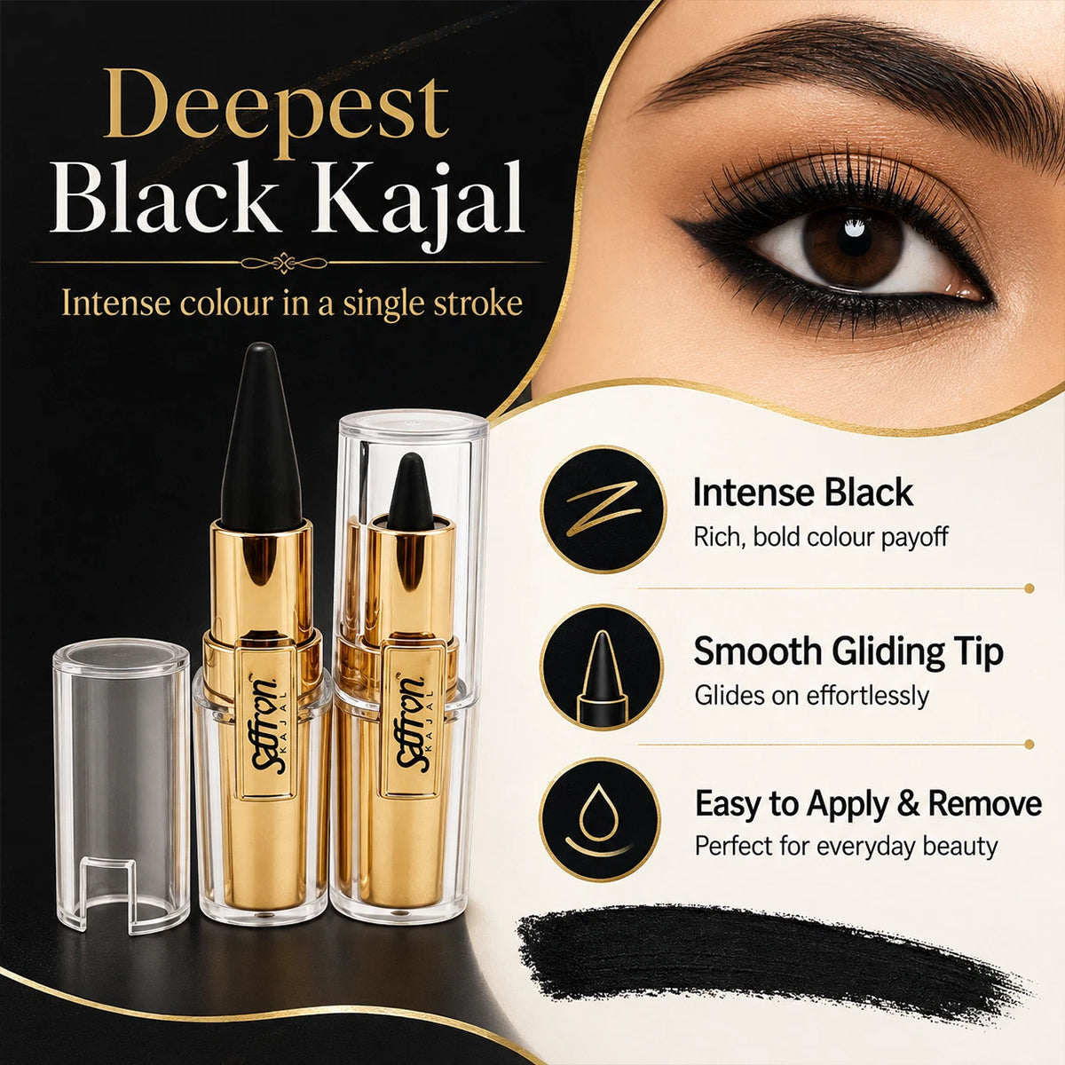 Saffron Black Bold Kajal Smudge-Proof Long-Lasting Eyeliner 1 Piece or Tray of 24