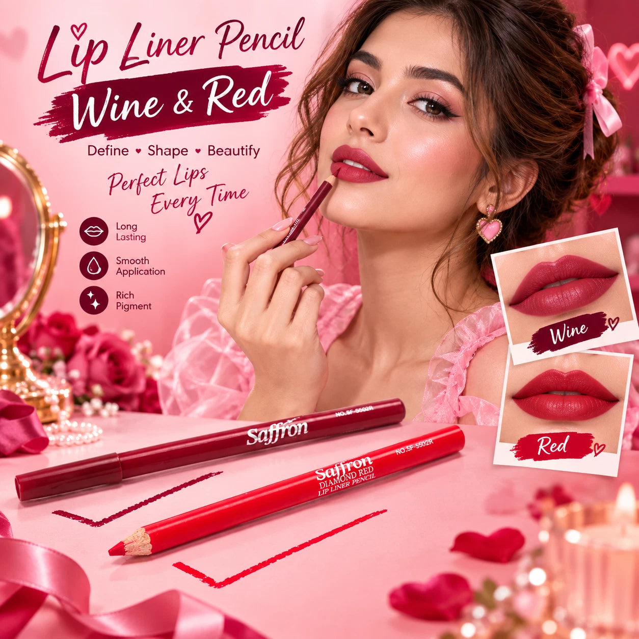 Long-Lasting Lip Liner Pencil Makeup, Red & Wine Shades