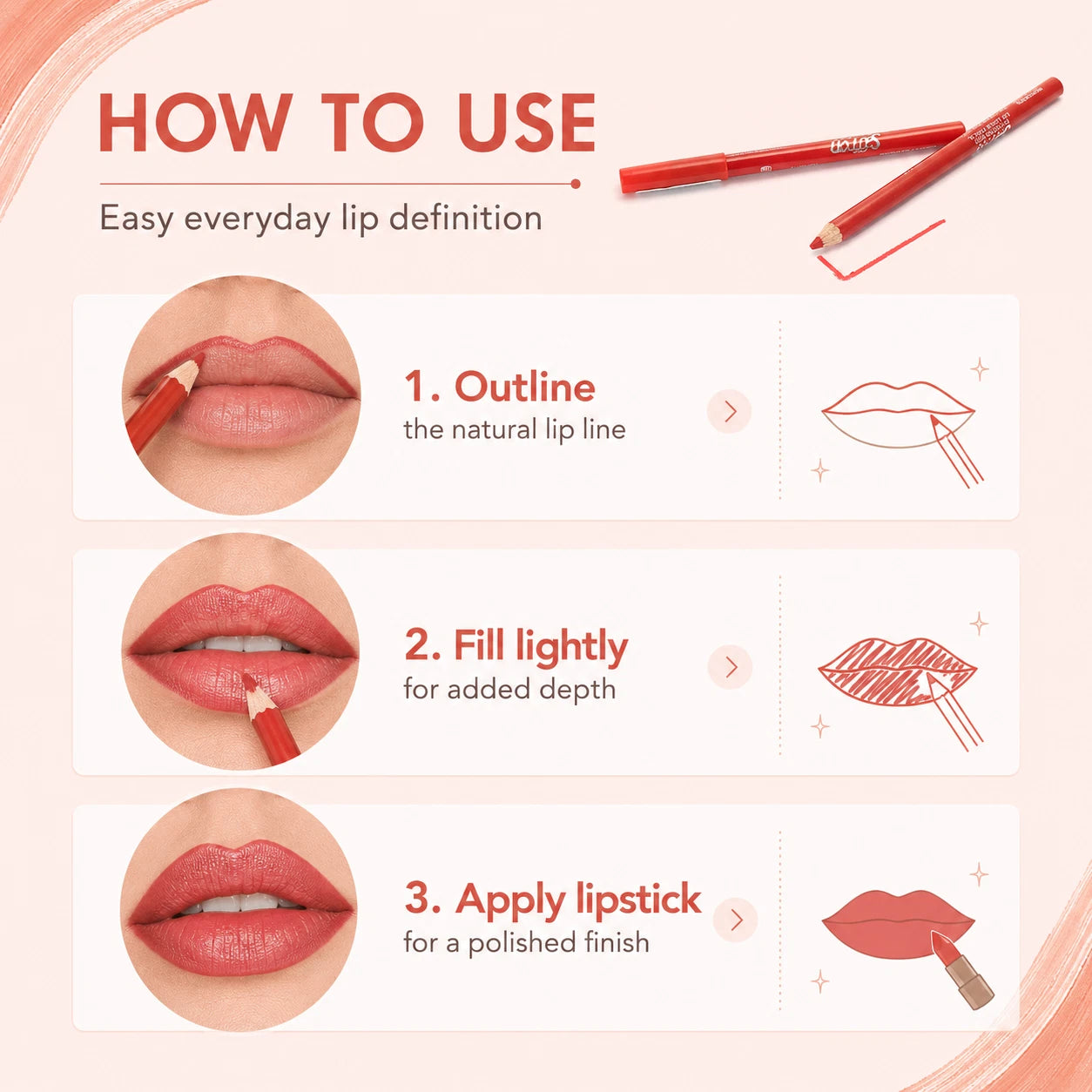 Long-Lasting Lip Liner Pencil Makeup, Red & Wine Shades