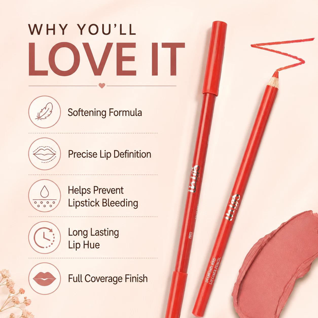 Long-Lasting Lip Liner Pencil Makeup, Red & Wine Shades