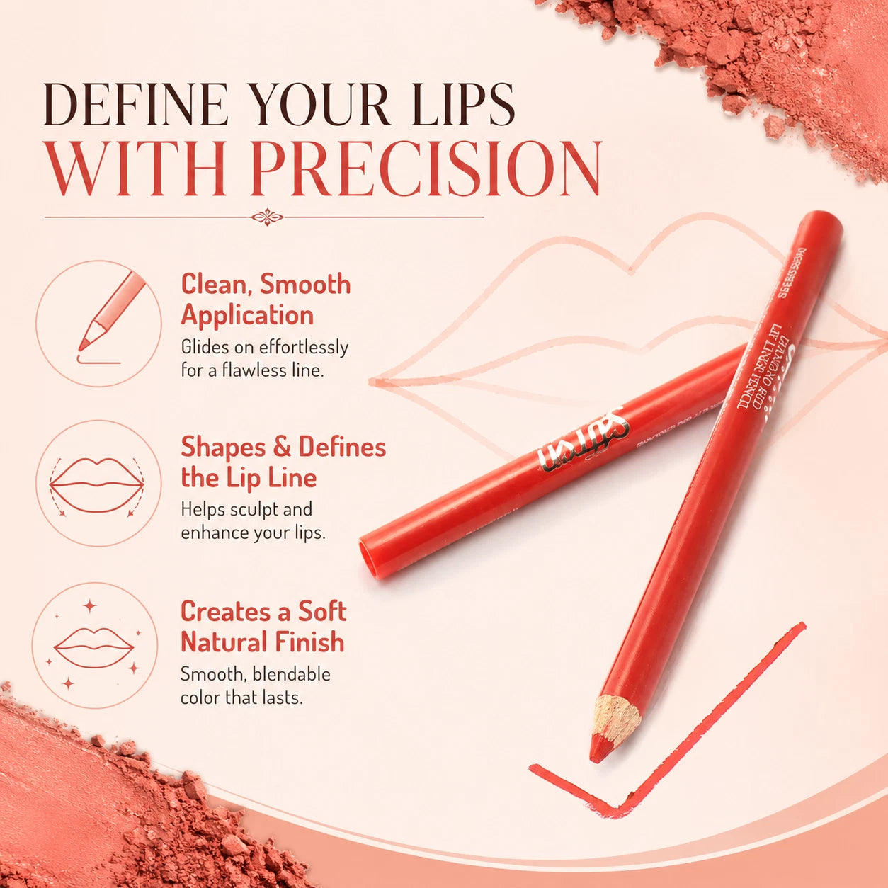 Long-Lasting Lip Liner Pencil Makeup, Red & Wine Shades