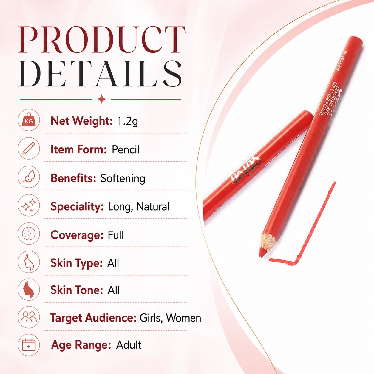 Long-Lasting Lip Liner Pencil Makeup, Red & Wine Shades