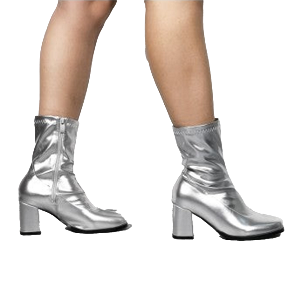 Women's Silver Go Go Boots Mid Calf Block Heel Zipper Boot