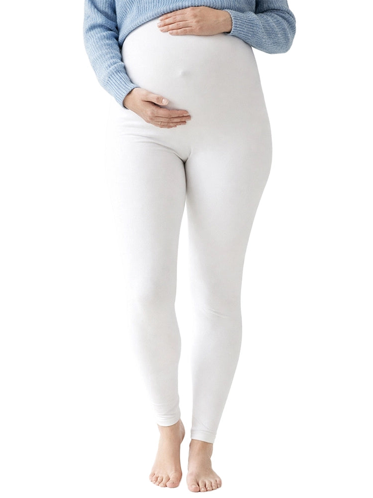 Person wearing white maternity leggings on a white background