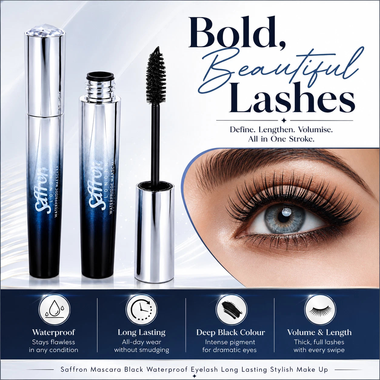 Waterproof Black Mascara, Volumising & Lengthening Eye Makeup 10ml