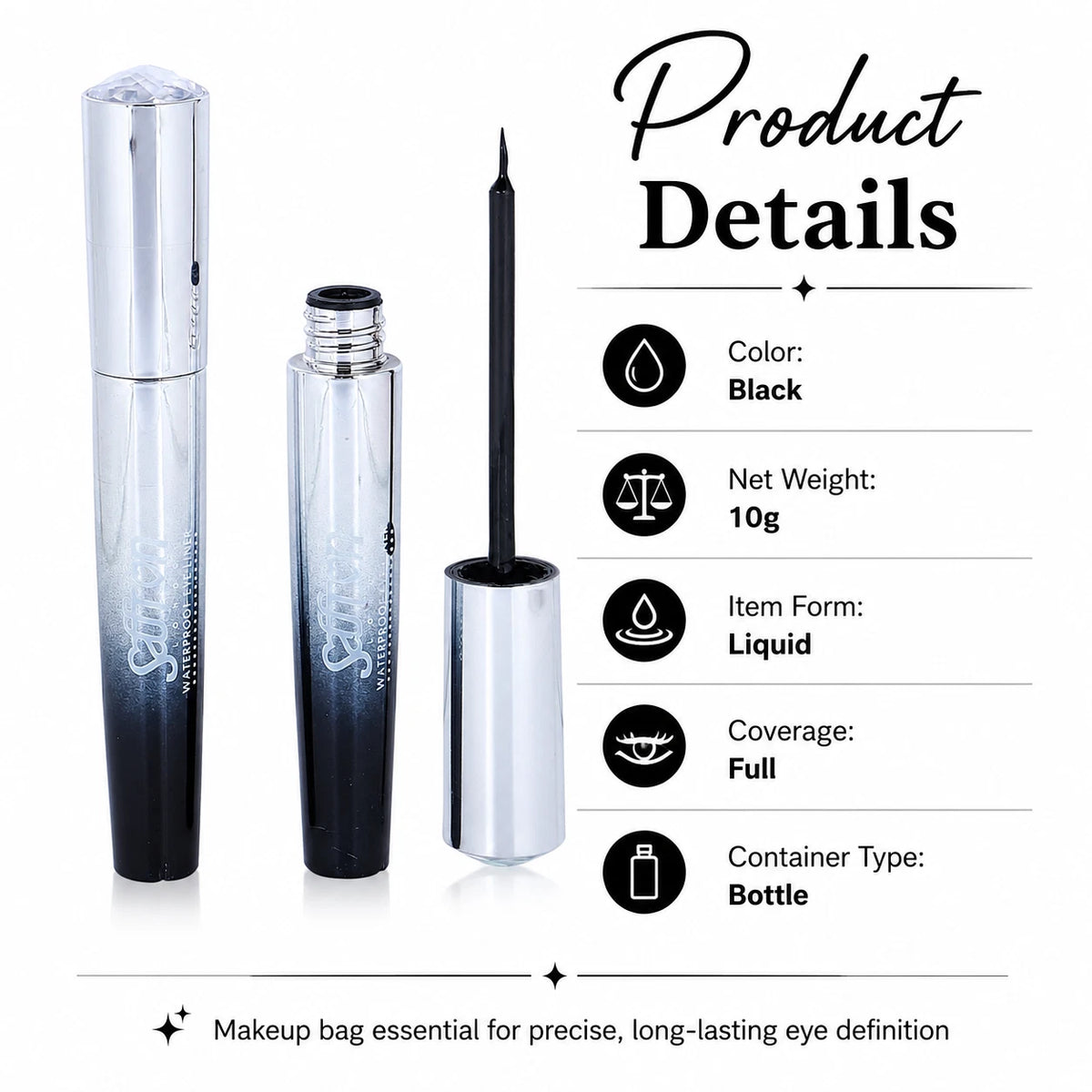 Waterproof Black Liquid Eyeliner, Long-Lasting Smudge-Resistant Eye Makeup