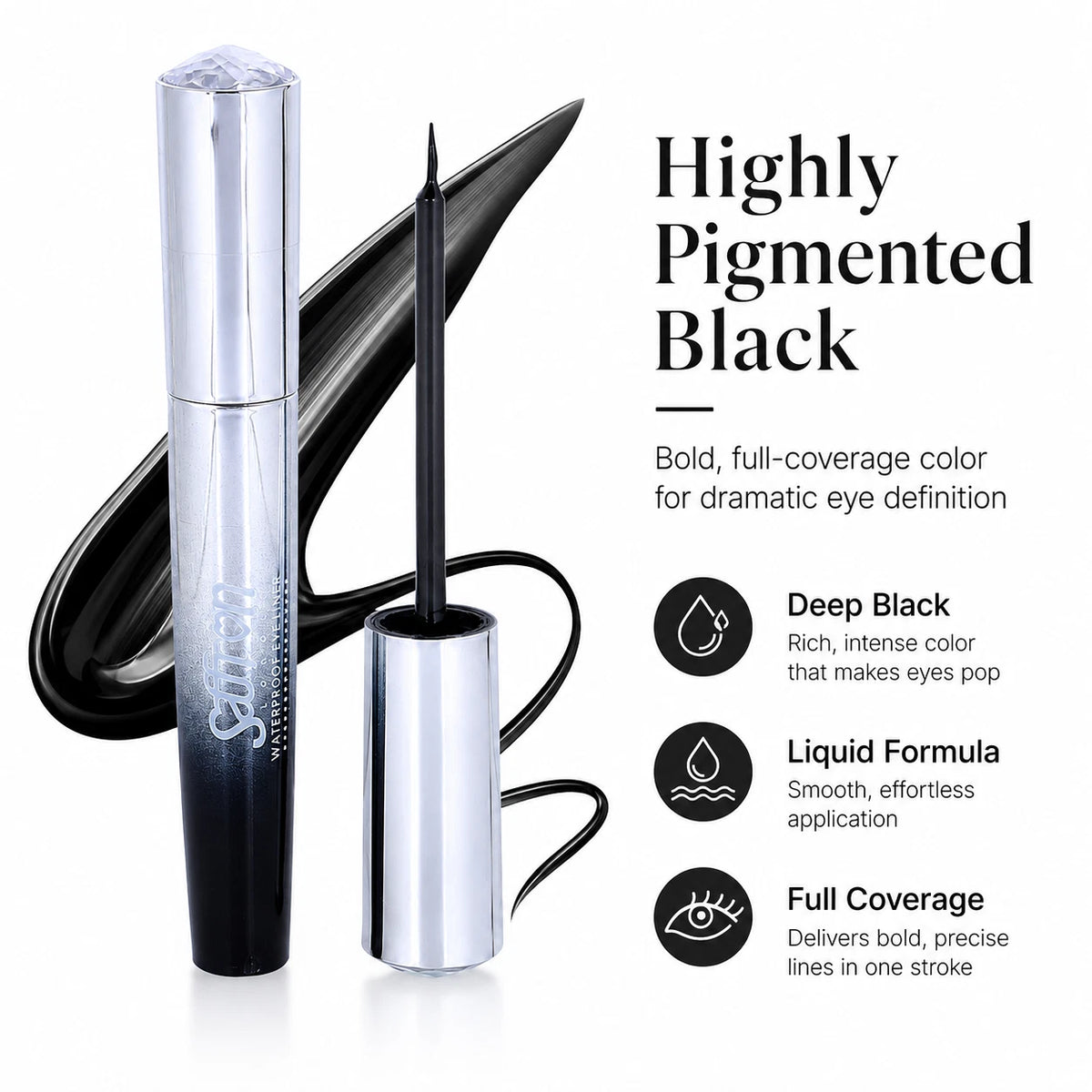 Waterproof Black Liquid Eyeliner, Long-Lasting Smudge-Resistant Eye Makeup