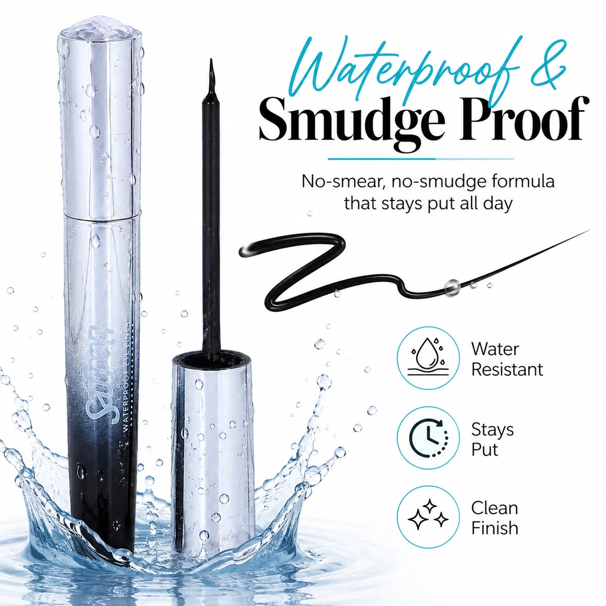 Waterproof Black Liquid Eyeliner, Long-Lasting Smudge-Resistant Eye Makeup