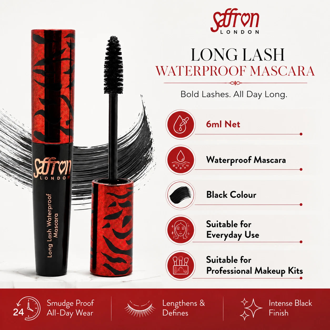 Waterproof Long Lash Black Mascara, Long-Lasting Eye Makeup 6ml