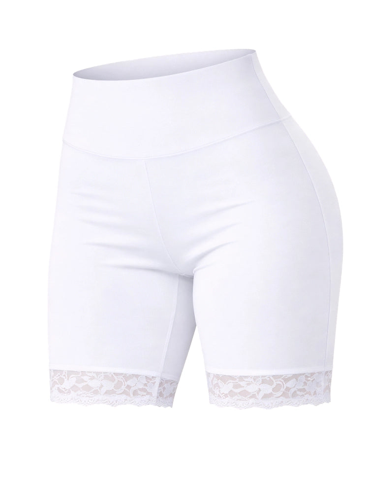 White shorts with lace trim on a white background. Ladies White Microfibre Lace Cycling Shorts for Sports & Gym